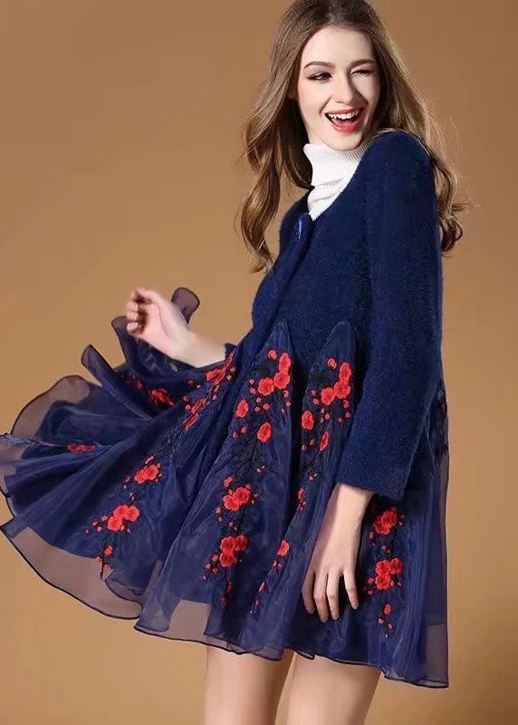 Blue Organza Patchwork Embroideried Wool Coats Winter