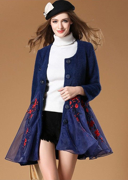 Blue Organza Patchwork Embroideried Wool Coats Winter