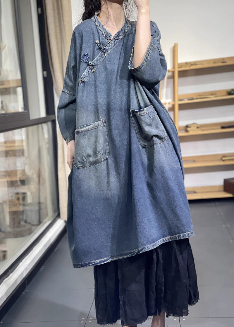 Blue Oversized Chinese Button Denim Long Dress Spring