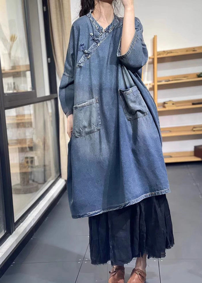 Blue Oversized Chinese Button Denim Long Dress Spring