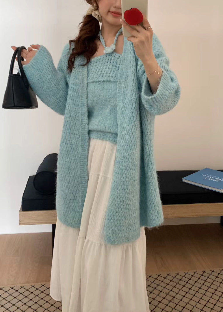 Blue Oversized Decorated Knit Two Pieces Set Winter