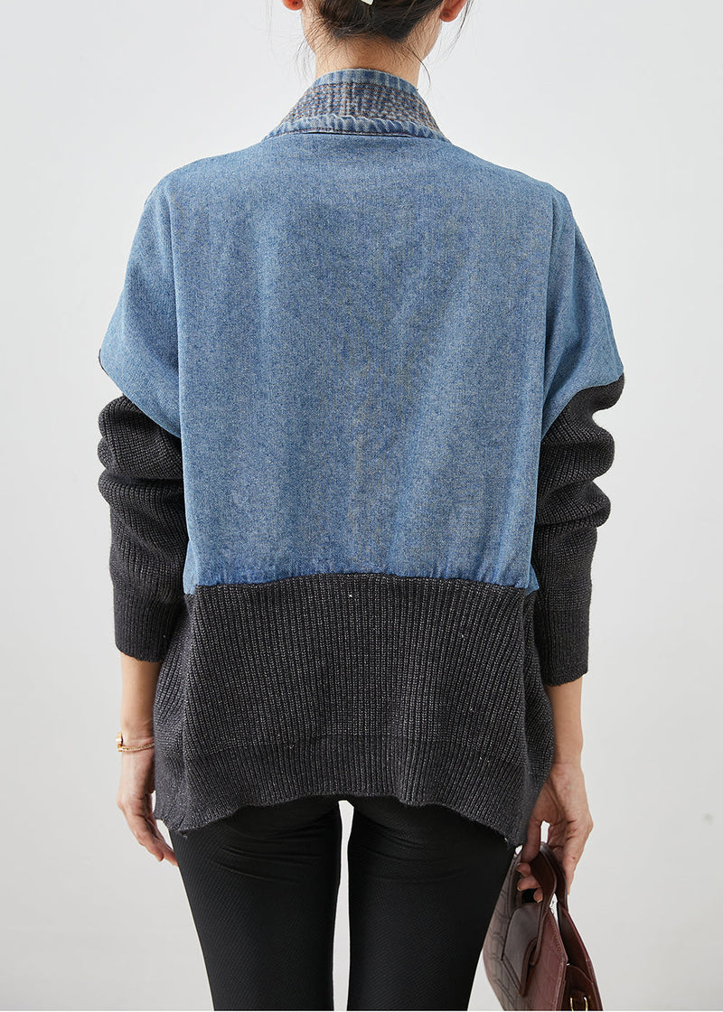 Blue Oversized Patchwork Knit Denim Loose Coat Fall