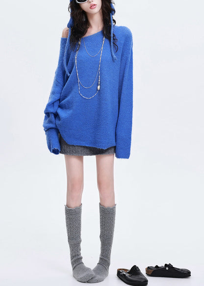 Blue Oversized Warm Knitted Tops Winter