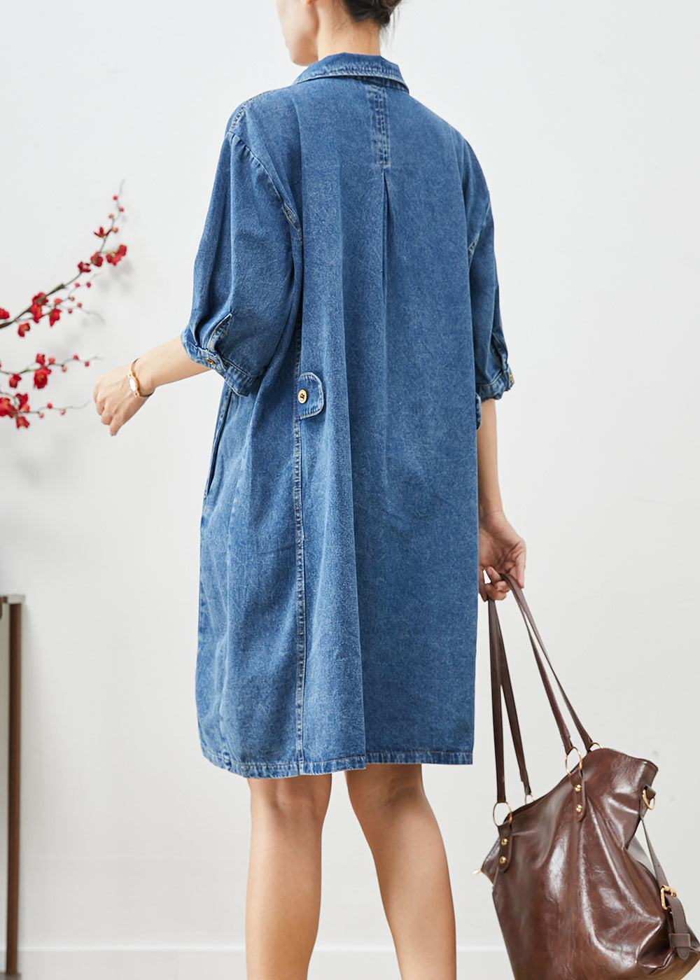 Blue Peter Pan Collar Cinched Denim Dress Half Sleeve
