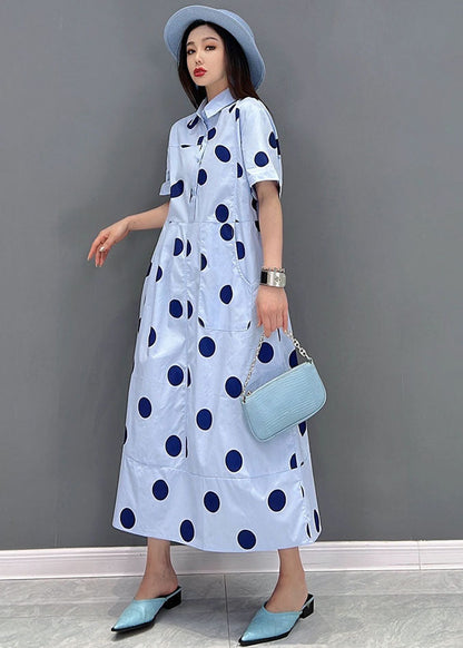 Blue Peter Pan Collar Dot Print Pockets Shirt Dresses Short Sleeve