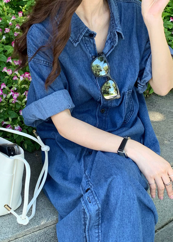 Blue Peter Pan Collar Patchwork Denim Shirts Dresses Summer