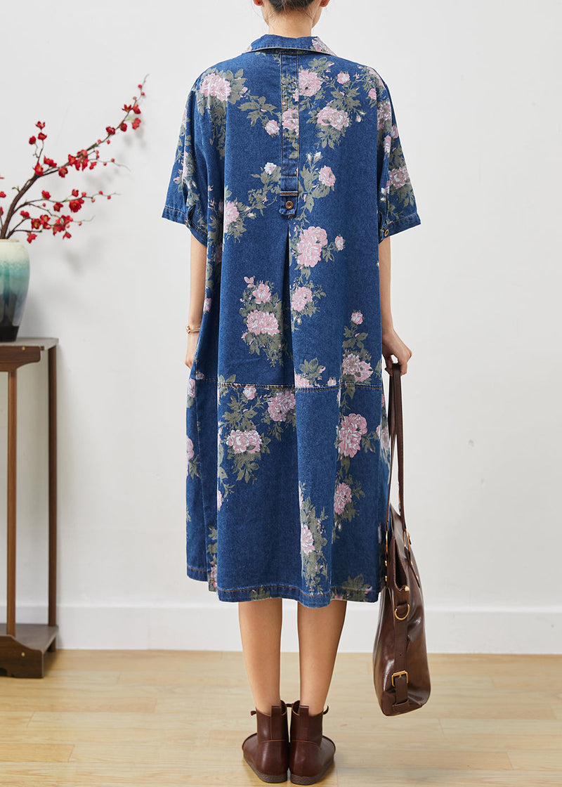 Blue Peter Pan Collar Print Denim Dress Summer