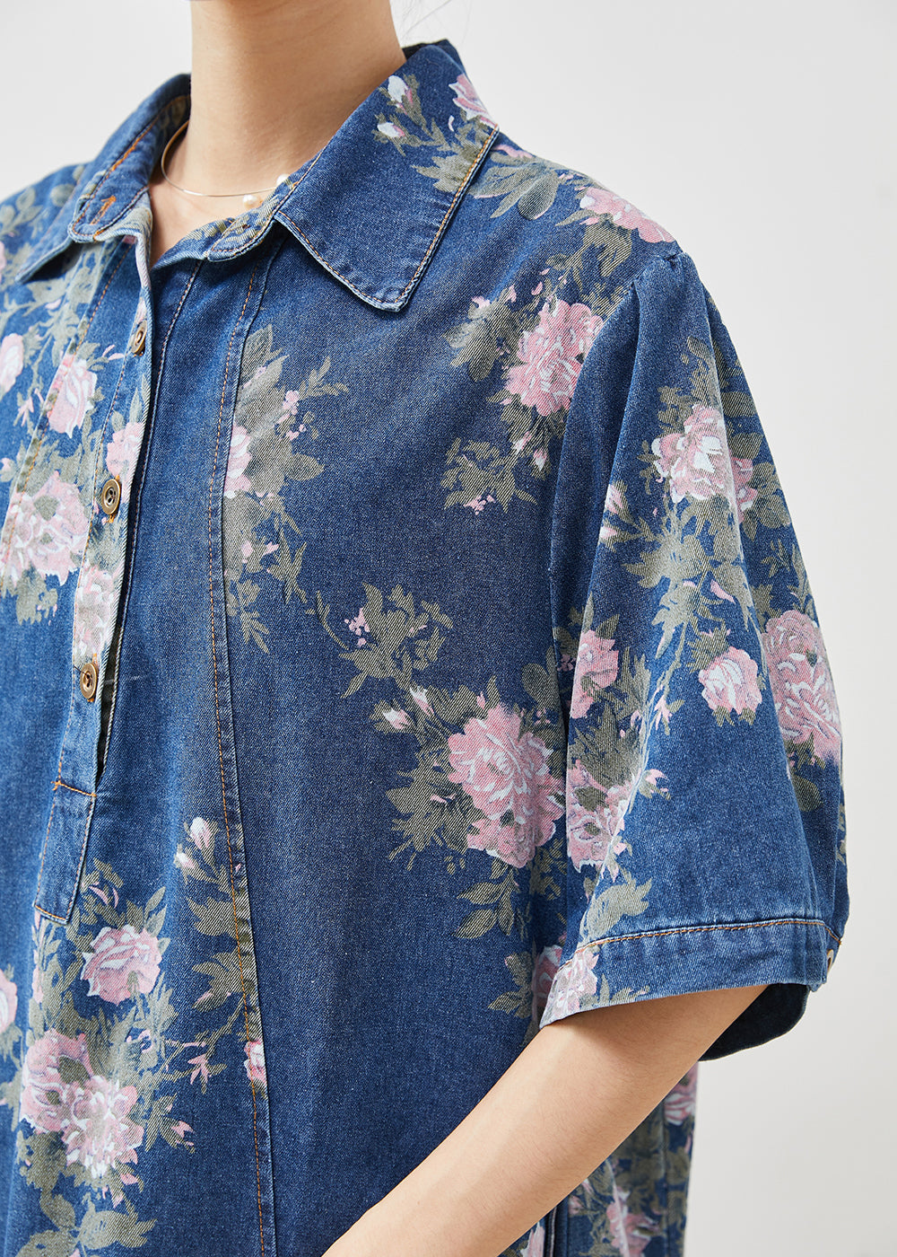 Blue Peter Pan Collar Print Denim Dress Summer