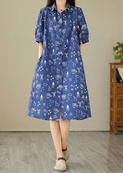 Blue Peter Pan Collar Print Patchwork Denim Shirts Dress Summer