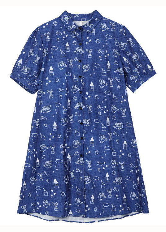 Blue Peter Pan Collar Print Patchwork Denim Shirts Dress Summer