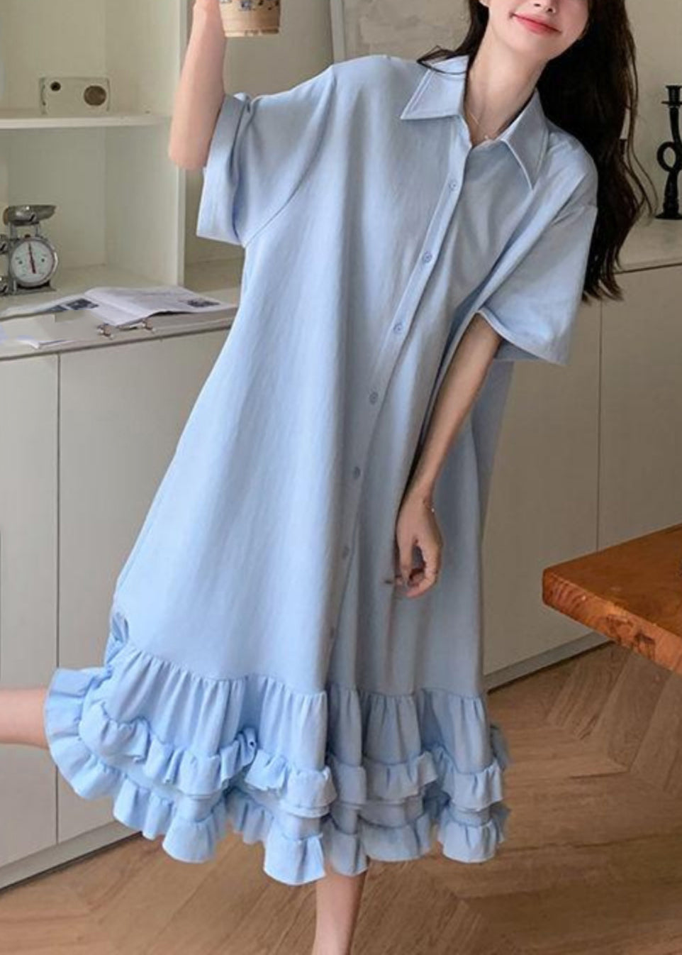 Blue Peter Pan Collar Ruffled Patchwork Maxi Dress Short Sleeve