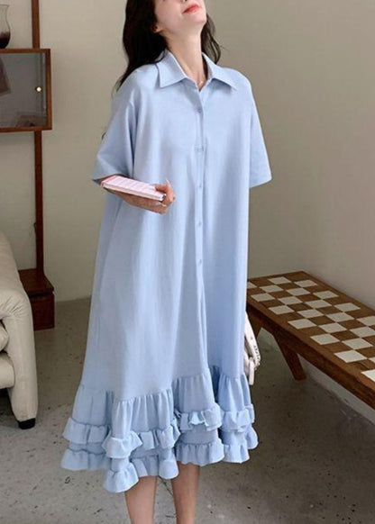 Blue Peter Pan Collar Ruffled Patchwork Maxi Dress Short Sleeve