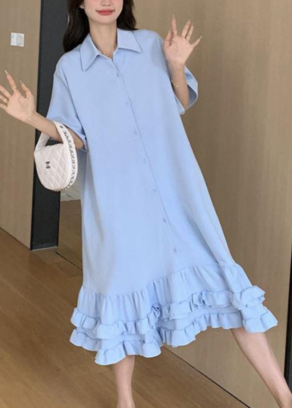 Blue Peter Pan Collar Ruffled Patchwork Maxi Dress Short Sleeve