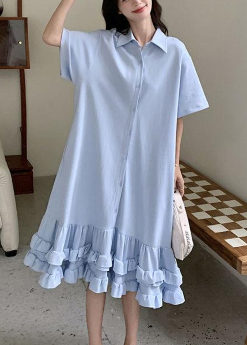 Blue Peter Pan Collar Ruffled Patchwork Maxi Dress Short Sleeve