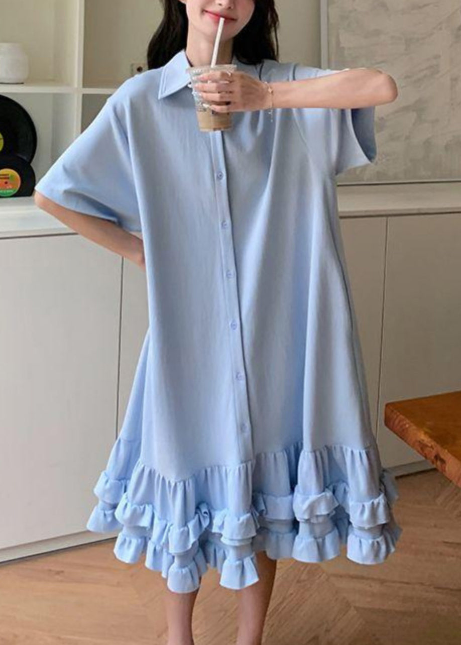 Blue Peter Pan Collar Ruffled Patchwork Maxi Dress Short Sleeve
