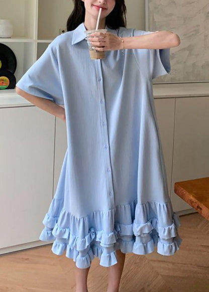 Blue Peter Pan Collar Ruffled Patchwork Maxi Dress Short Sleeve