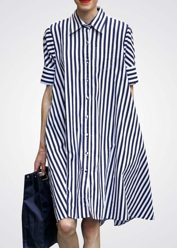 Blue Peter Pan Collar Striped Cotton Shirt Dress Short Sleeve