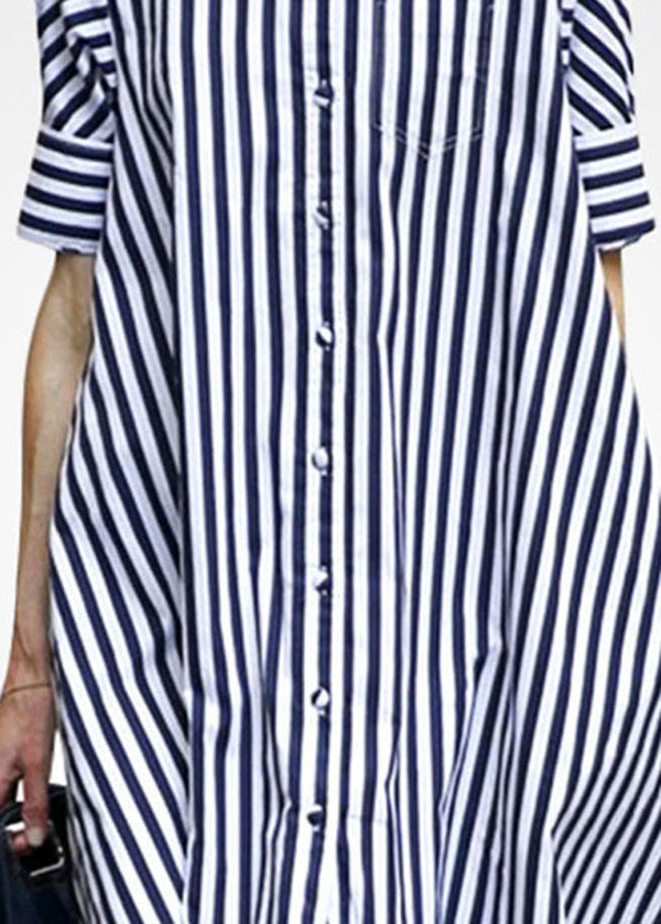 Blue Peter Pan Collar Striped Cotton Shirt Dress Short Sleeve
