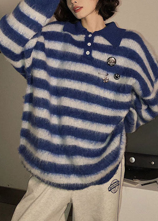 Blue Peter Pan Collar Striped Knit Sweater Winter