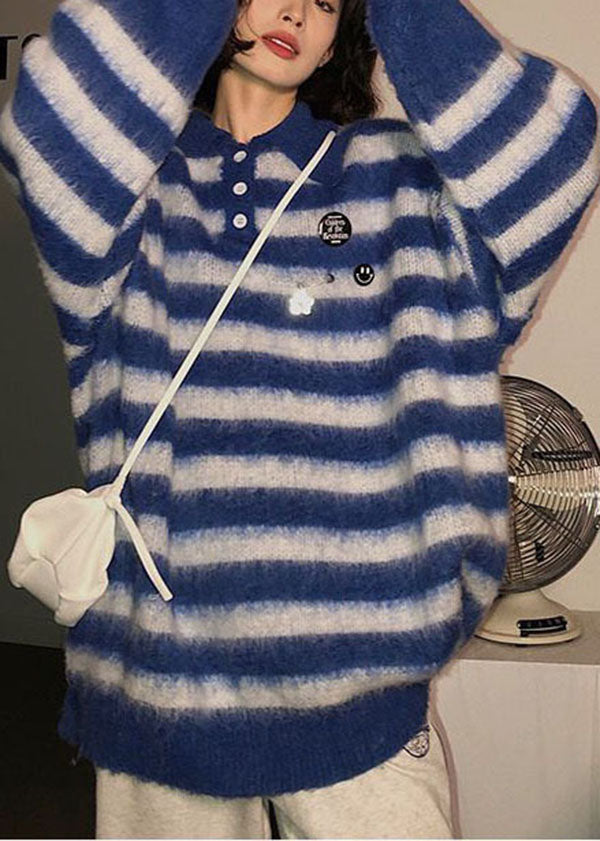 Blue Peter Pan Collar Striped Knit Sweater Winter