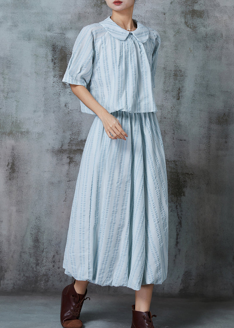 Blue Peter Pan Collar Wrinkled Cotton Two Pieces Set Summer