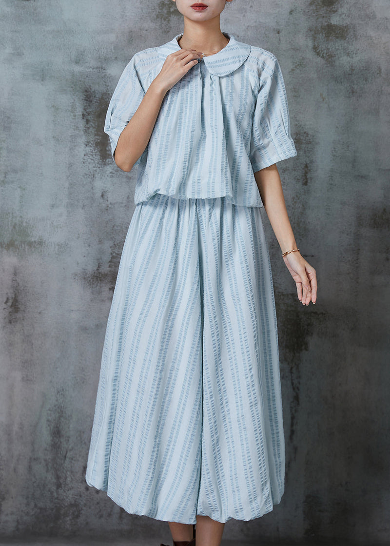 Blue Peter Pan Collar Wrinkled Cotton Two Pieces Set Summer