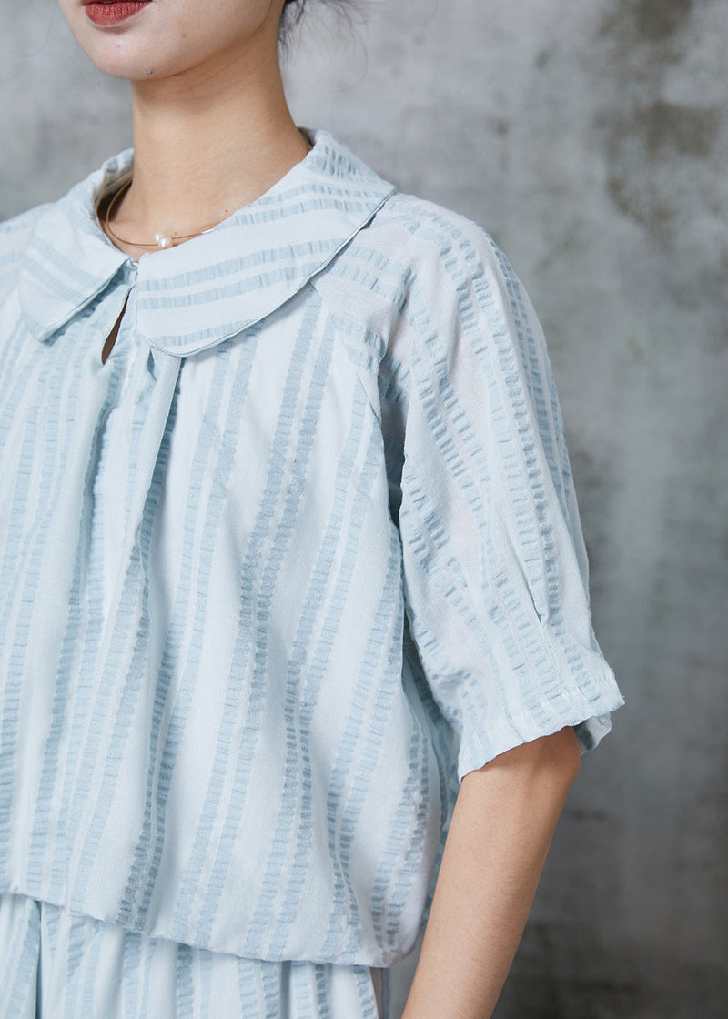 Blue Peter Pan Collar Wrinkled Cotton Two Pieces Set Summer