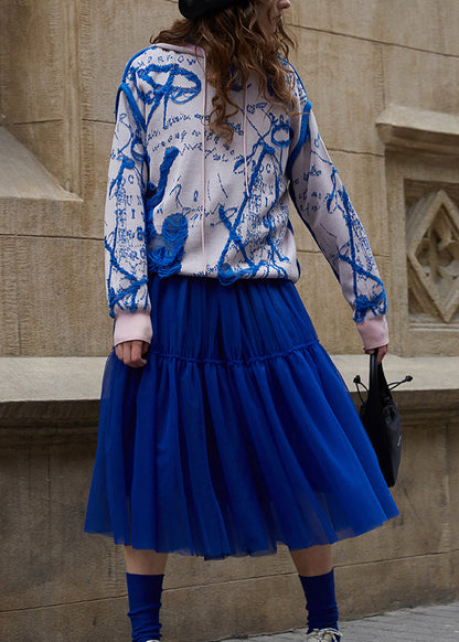 Blue Pink Hooded Jacquard Knit Sweater Fall