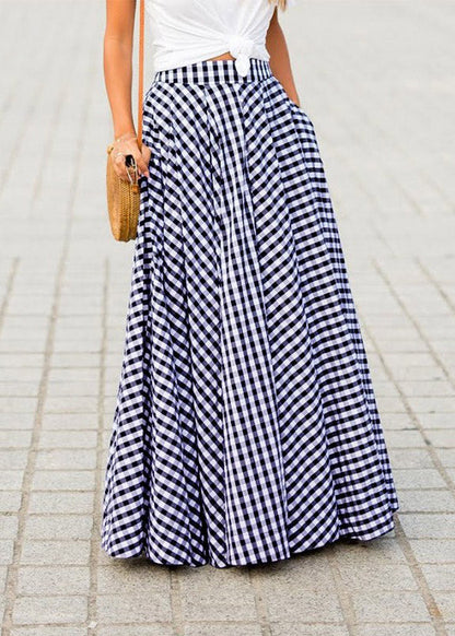 Blue Plaid Draping High Waist Maxi Skirt Summer