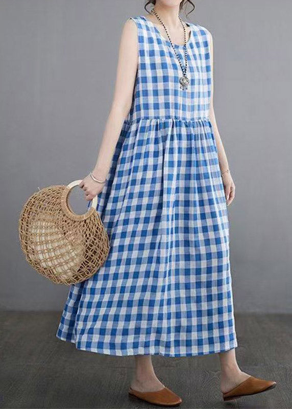 Blue Plaid Patchwork Maxi Dresses Sleeveless