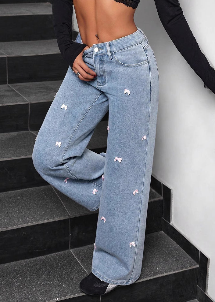 Blue Pockets Bow Wide Leg Jeans Fall