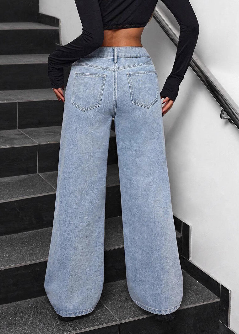 Blue Pockets Bow Wide Leg Jeans Fall