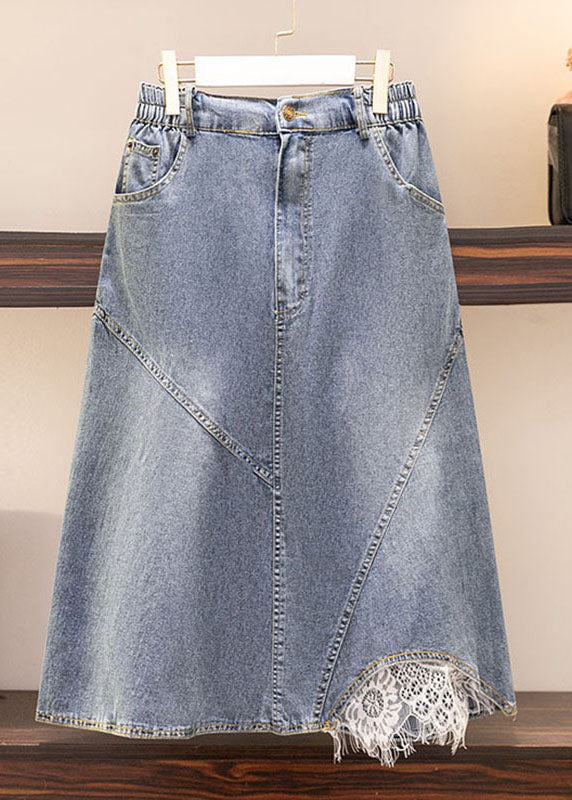 Blue Pockets Elastic Waist Patchwork Denim Skirt Summer