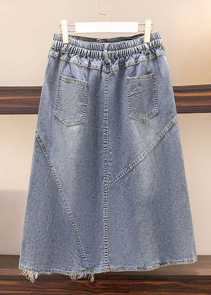 Blue Pockets Elastic Waist Patchwork Denim Skirt Summer