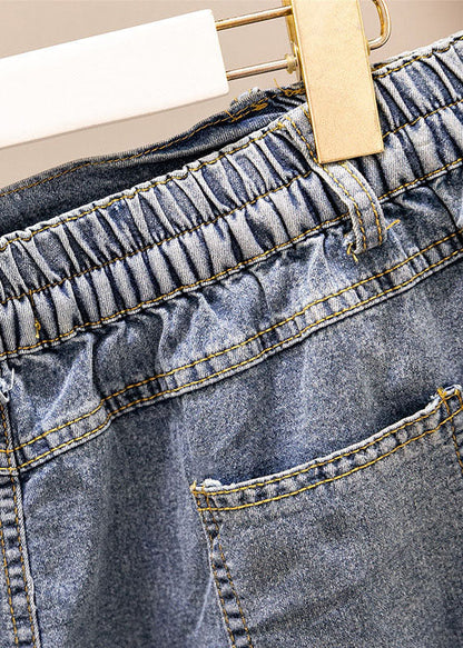 Blue Pockets Elastic Waist Patchwork Denim Skirt Summer