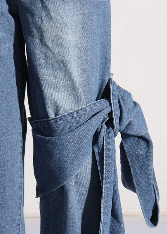 Blue Pockets Patchwork Bow Straight Jeans Summer