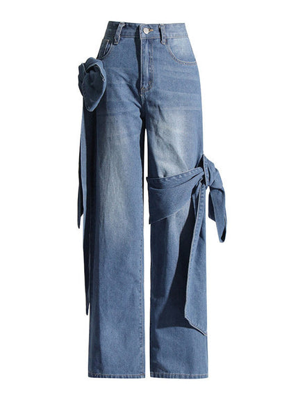 Blue Pockets Patchwork Bow Straight Jeans Summer