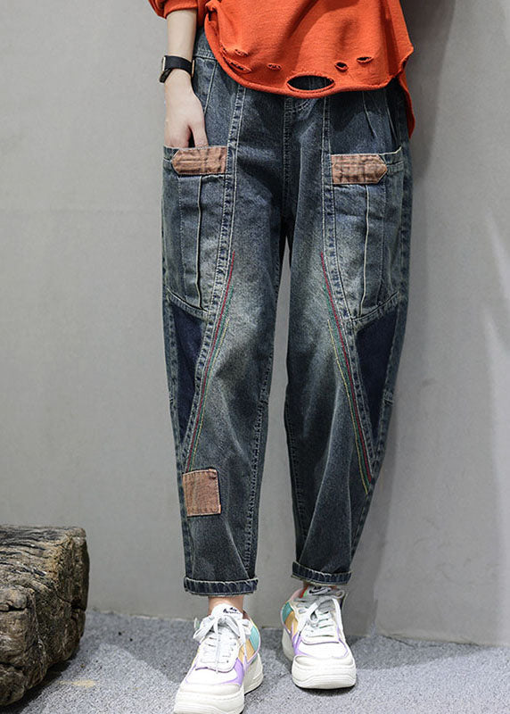 Blue Pockets Patchwork Fall Denim Pants