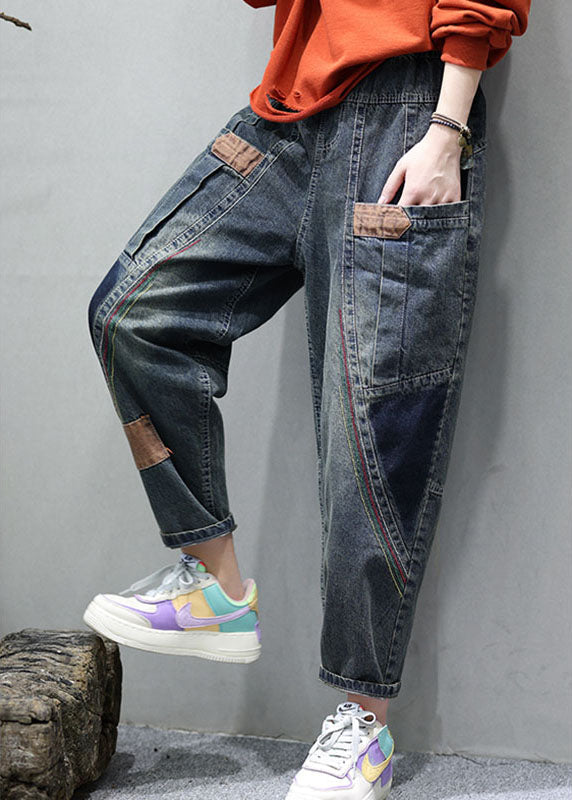 Blue Pockets Patchwork Fall Denim Pants