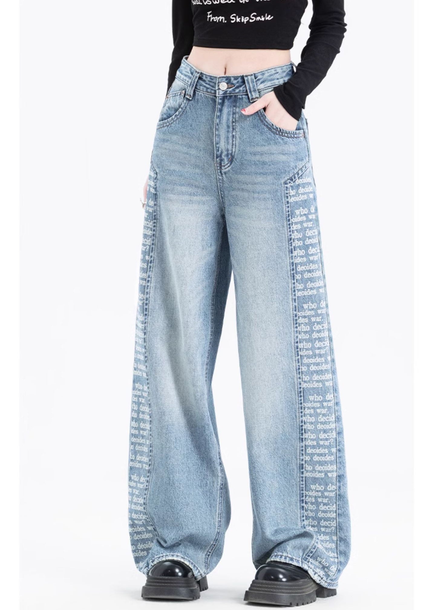 Blue Pockets Print Patchwork Denim Pants Spring