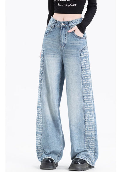 Blue Pockets Print Patchwork Denim Pants Spring