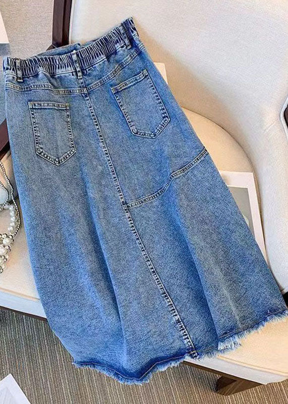 Blue Pockets Side Open Patchwork Denim Skirts Summer