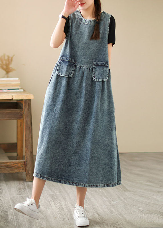 Blue Pockets Wrinkled Patchwork Denim Dresses Summer