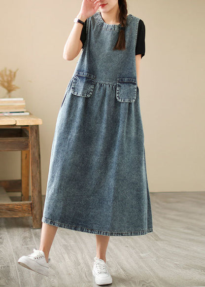 Blue Pockets Wrinkled Patchwork Denim Dresses Summer