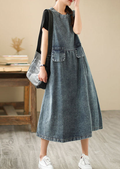 Blue Pockets Wrinkled Patchwork Denim Dresses Summer