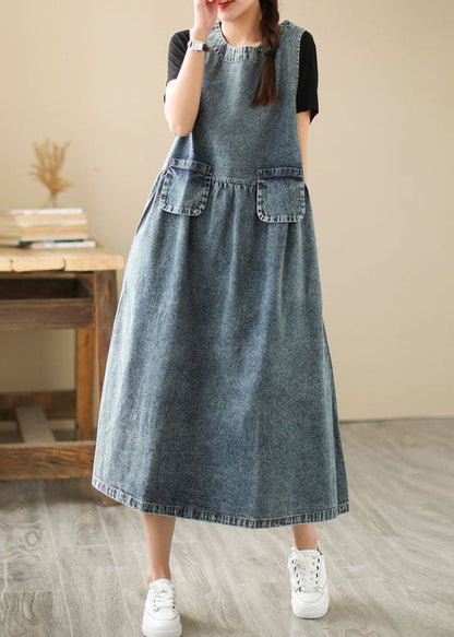 Blue Pockets Wrinkled Patchwork Denim Dresses Summer