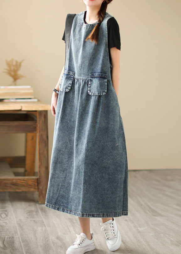 Blue Pockets Wrinkled Patchwork Denim Dresses Summer