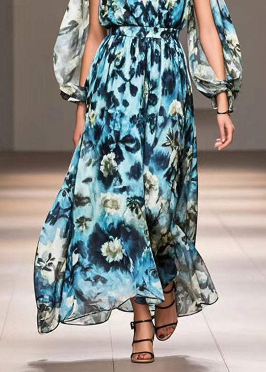 Blue Print Exra Large Hem Chiffon Long Dress Spring
