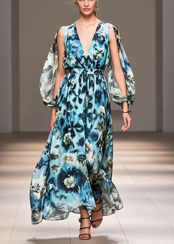 Blue Print Exra Large Hem Chiffon Long Dress Spring