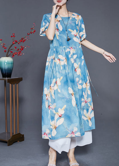 Blue Print Exra Large Hem Linen Vacation Dresses Summer